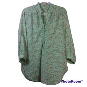 Pixley Mint Green Pink Birds Roll Tab Sleeve Blouse Top Size M